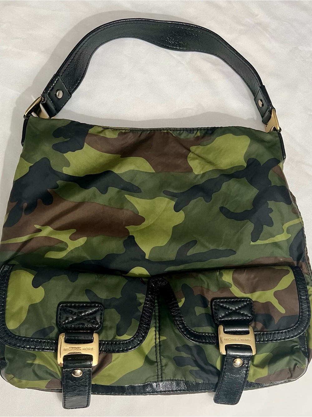 Michael Kors Nylon Green and Brown Camo Shoulder Bag with Black Trim